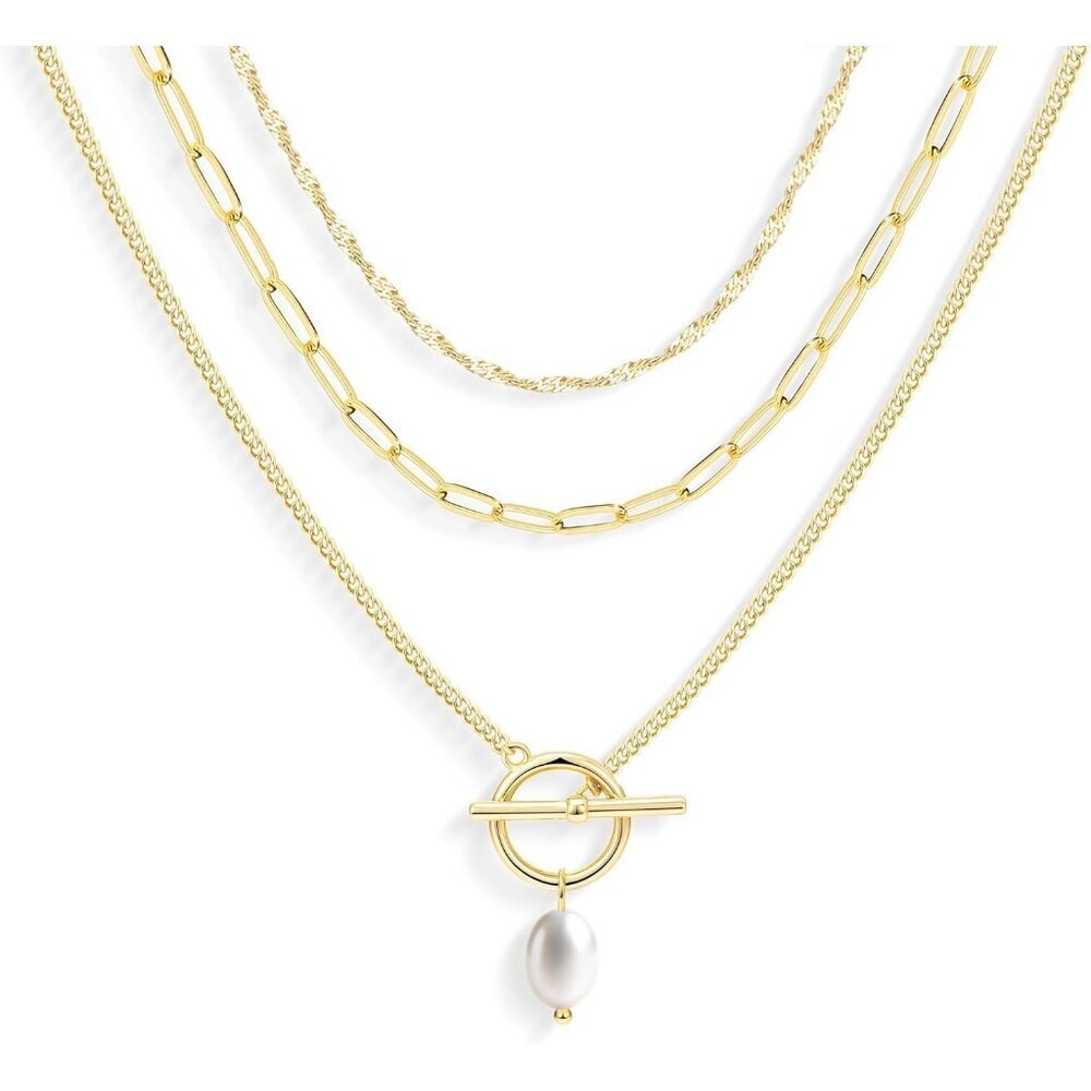 Women's Gold Pearl Layered Necklaces Simple Paperclip Choker Dot Chain Jewelry